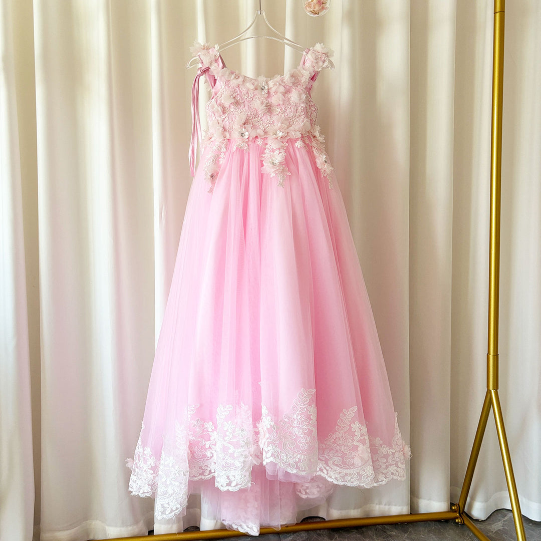 DreamyVow Luxury Pink Tulle Lace Girl Dress Sweep Train Ball Gown J178