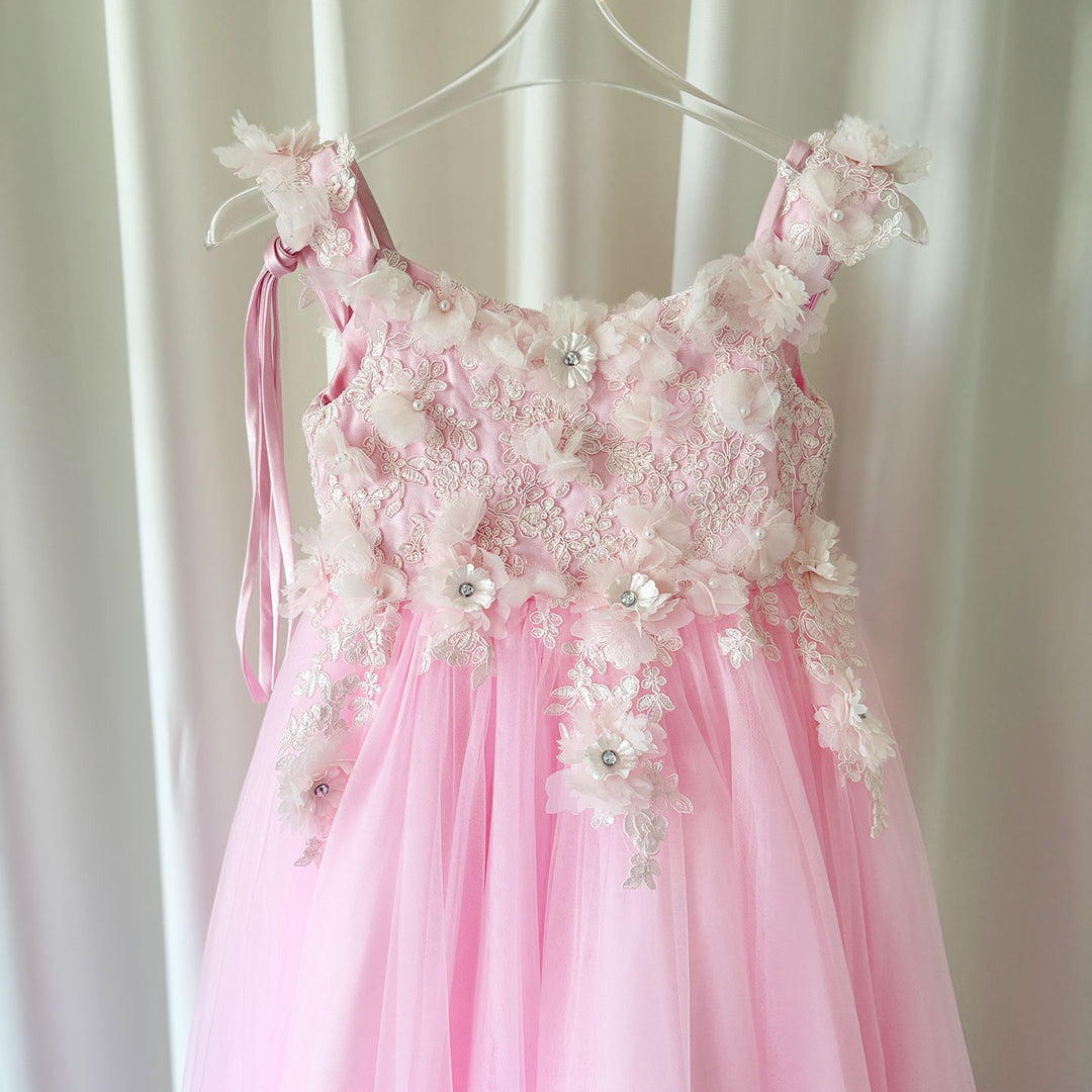 DreamyVow Luxury Pink Tulle Lace Girl Dress Sweep Train Ball Gown J178