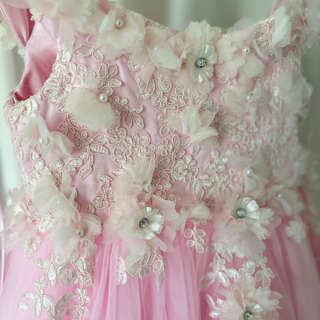 DreamyVow Luxury Pink Tulle Lace Girl Dress Sweep Train Ball Gown J178