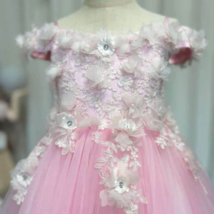 DreamyVow Luxury Pink Tulle Lace Girl Dress Sweep Train Ball Gown J178