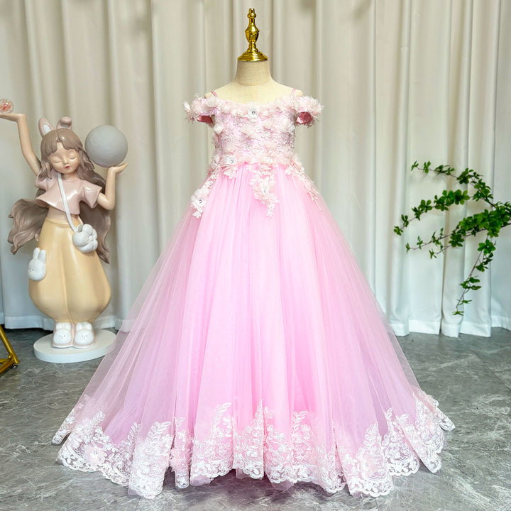 DreamyVow Luxury Pink Tulle Lace Girl Dress Sweep Train Ball Gown J178