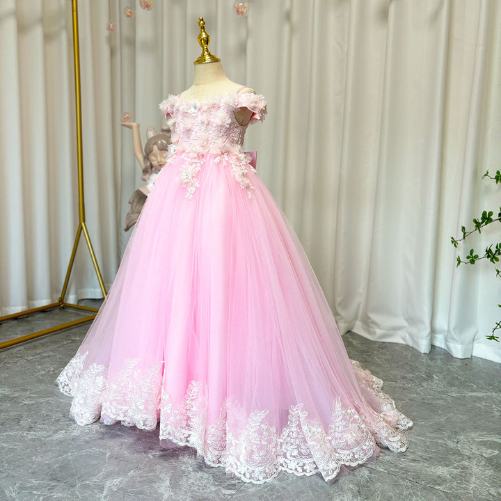 DreamyVow Luxury Pink Tulle Lace Girl Dress Sweep Train Ball Gown J178