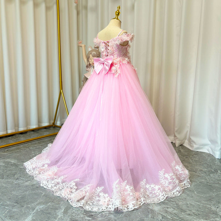 DreamyVow Luxury Pink Tulle Lace Girl Dress Sweep Train Ball Gown J178