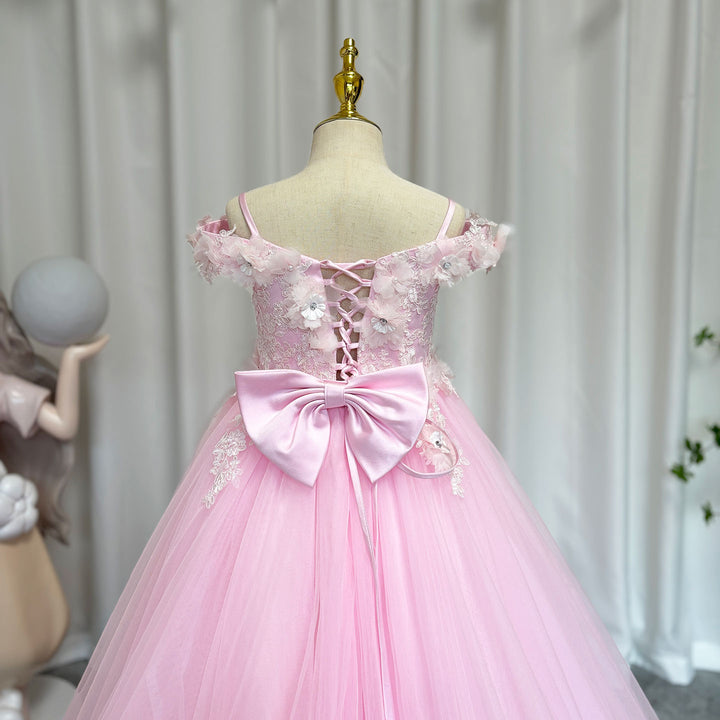 DreamyVow Luxury Pink Tulle Lace Girl Dress Sweep Train Ball Gown J178