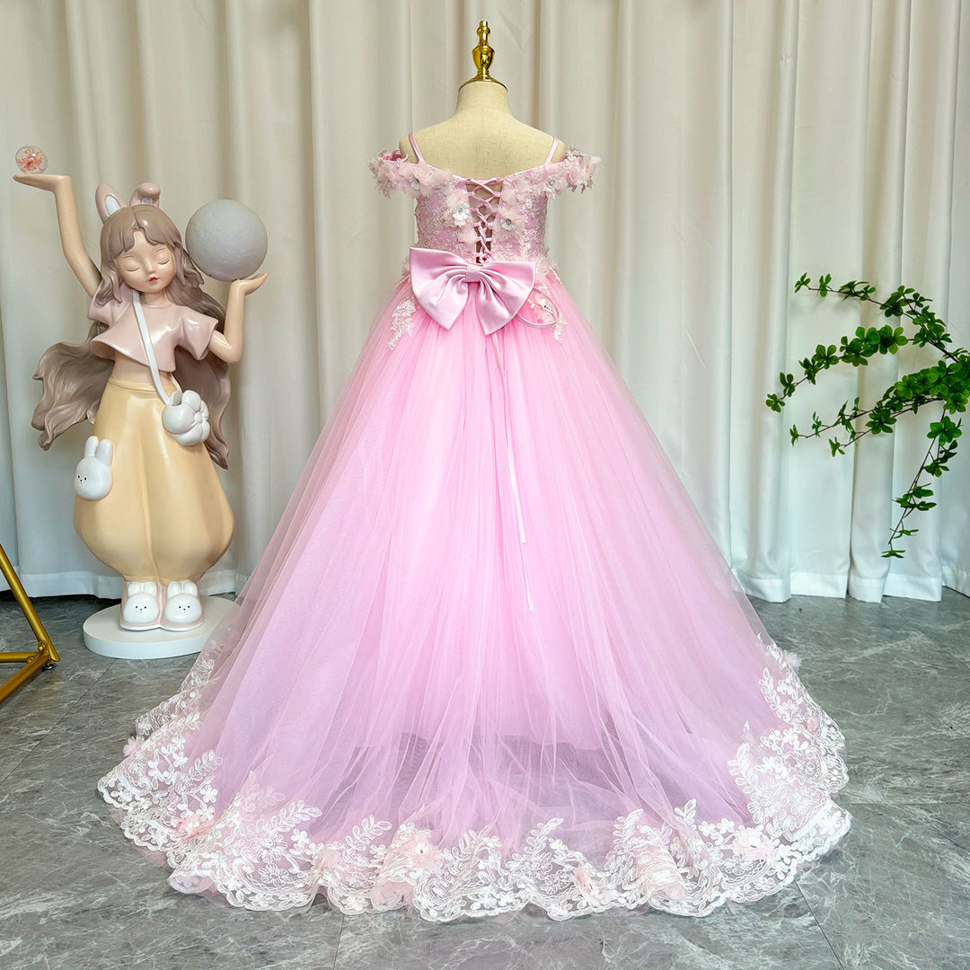 DreamyVow Luxury Pink Tulle Lace Girl Dress Sweep Train Ball Gown J178