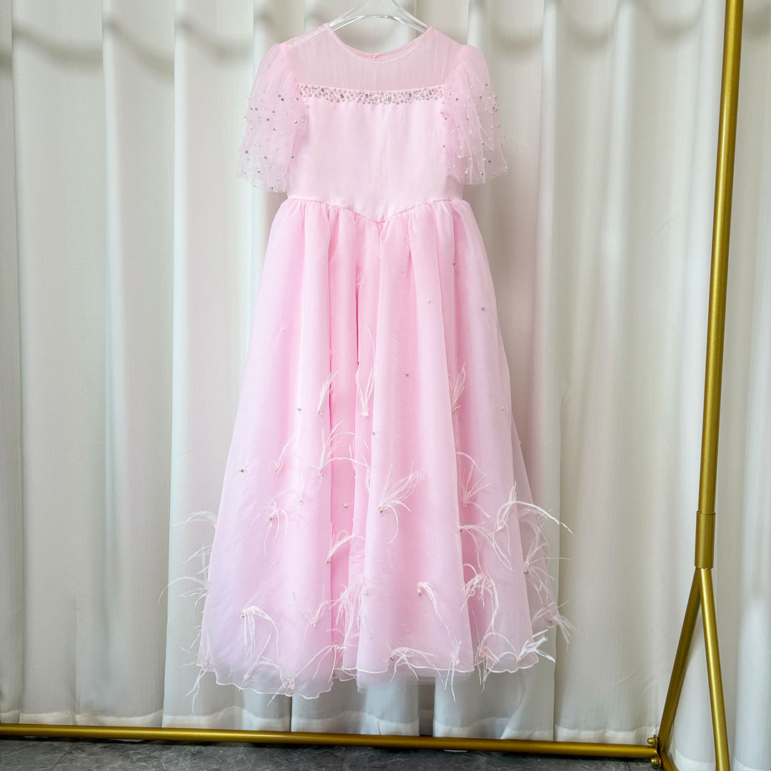 DreamyVow Luxury Blush Pink Girl Dress Feathers Beaded Princess J391