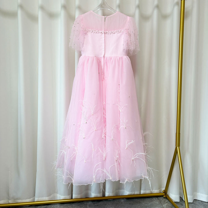 DreamyVow Luxury Blush Pink Girl Dress Feathers Beaded Princess J391