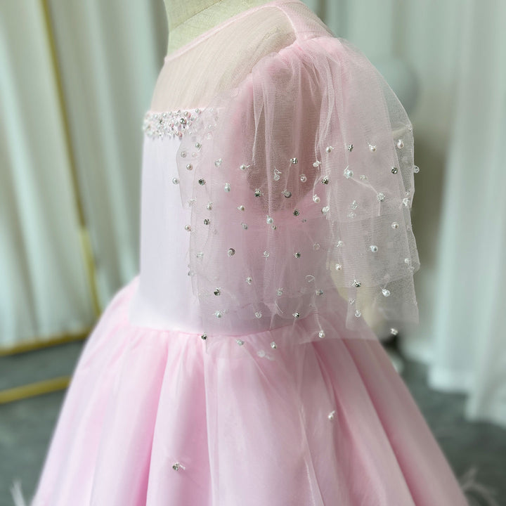 DreamyVow Luxury Blush Pink Girl Dress Feathers Beaded Princess J391