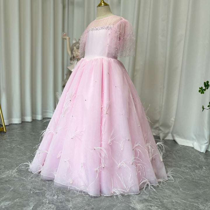 DreamyVow Luxury Blush Pink Girl Dress Feathers Beaded Princess J391