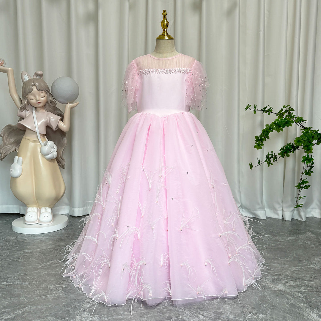 DreamyVow Luxury Blush Pink Girl Dress Feathers Beaded Princess J391