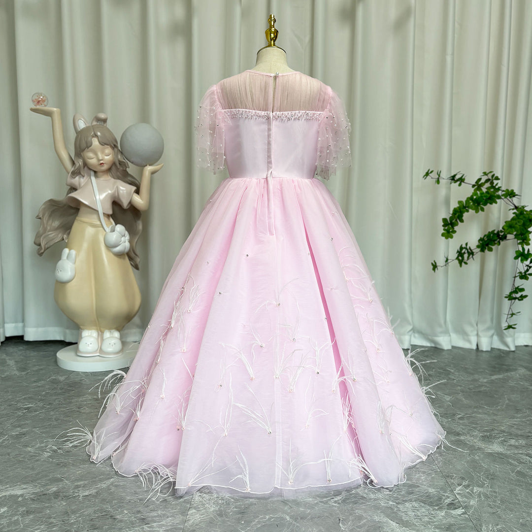 DreamyVow Luxury Blush Pink Girl Dress Feathers Beaded Princess J391