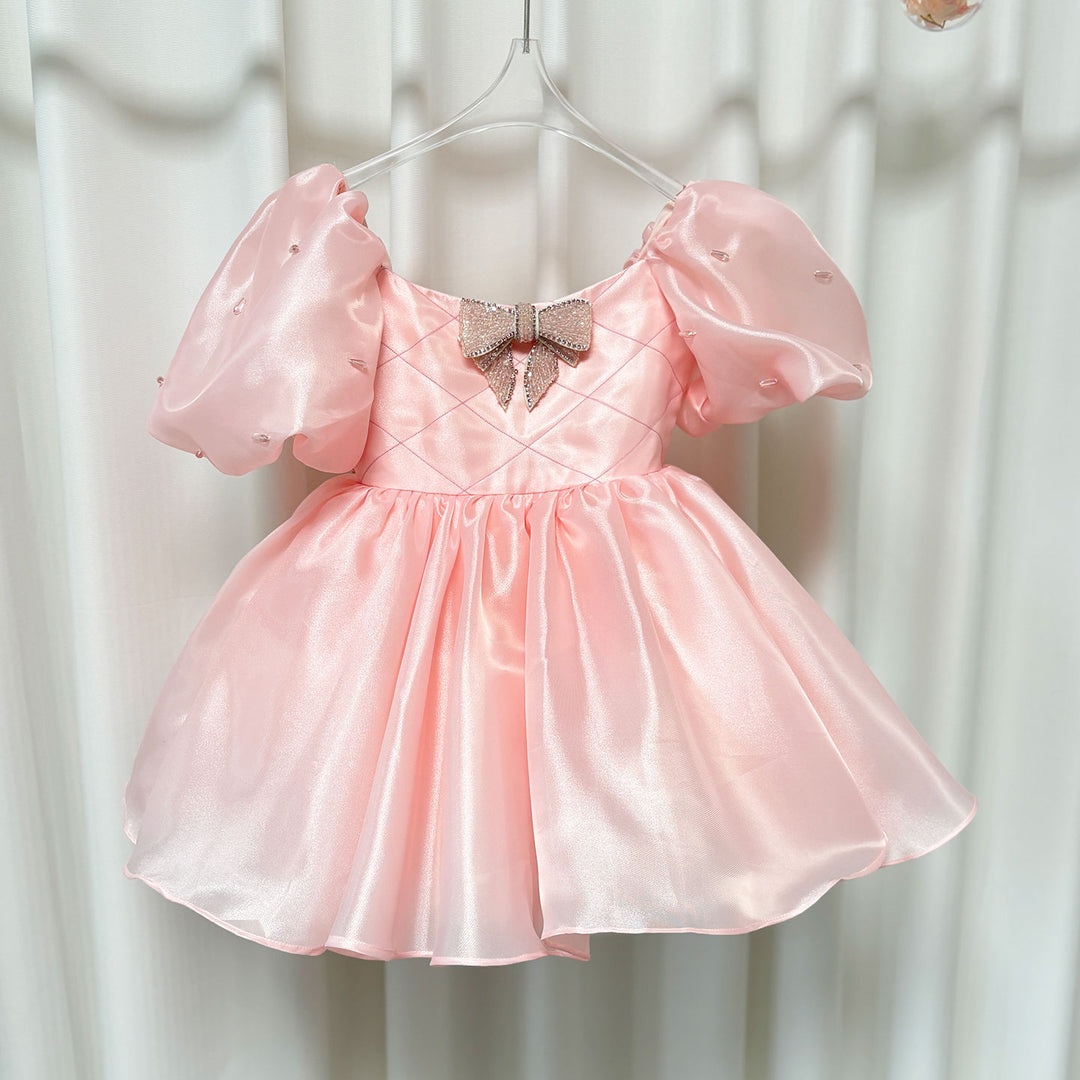 DreamyVow Luxury Pink Girl Dress Beaded Puffy Sleeve Bow Dubai Princess J374