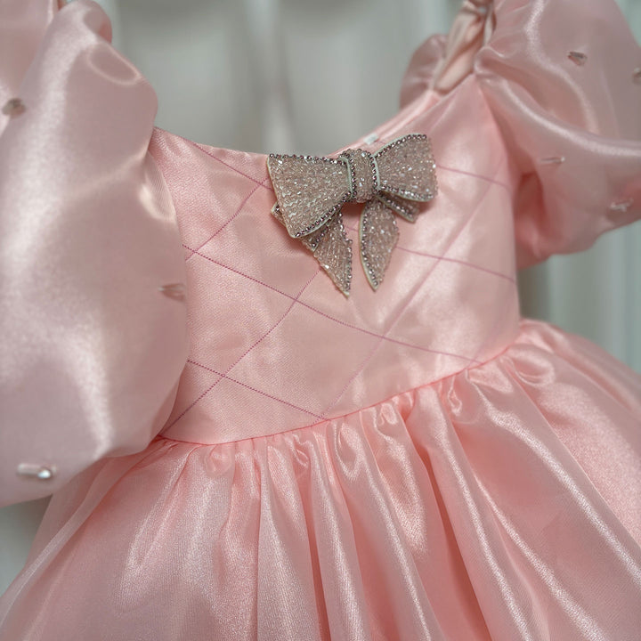 DreamyVow Luxury Pink Girl Dress Beaded Puffy Sleeve Bow Dubai Princess J374