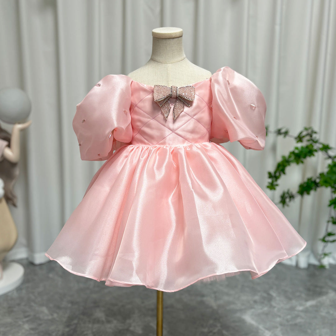 DreamyVow Luxury Pink Girl Dress Beaded Puffy Sleeve Bow Dubai Princess J374