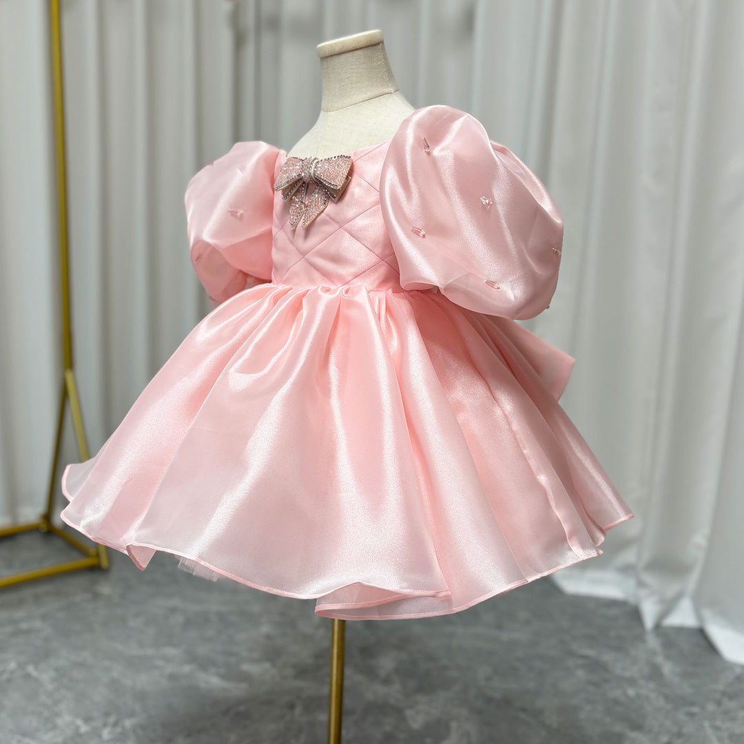 DreamyVow Luxury Pink Girl Dress Beaded Puffy Sleeve Bow Dubai Princess J374