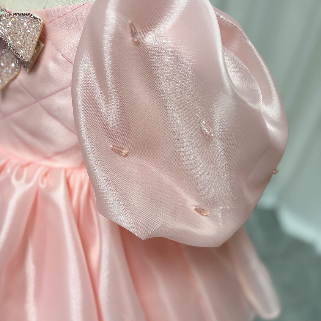 DreamyVow Luxury Pink Girl Dress Beaded Puffy Sleeve Bow Dubai Princess J374