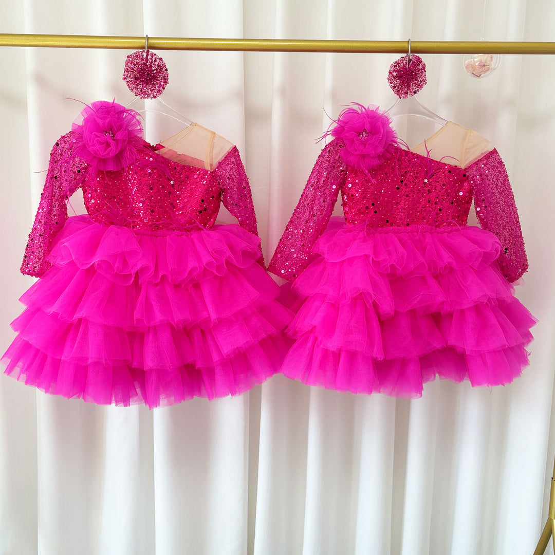 DreamyVow Sequins Fuchsia Girl Dress Knee Length Arabic Princess Party Gown J238