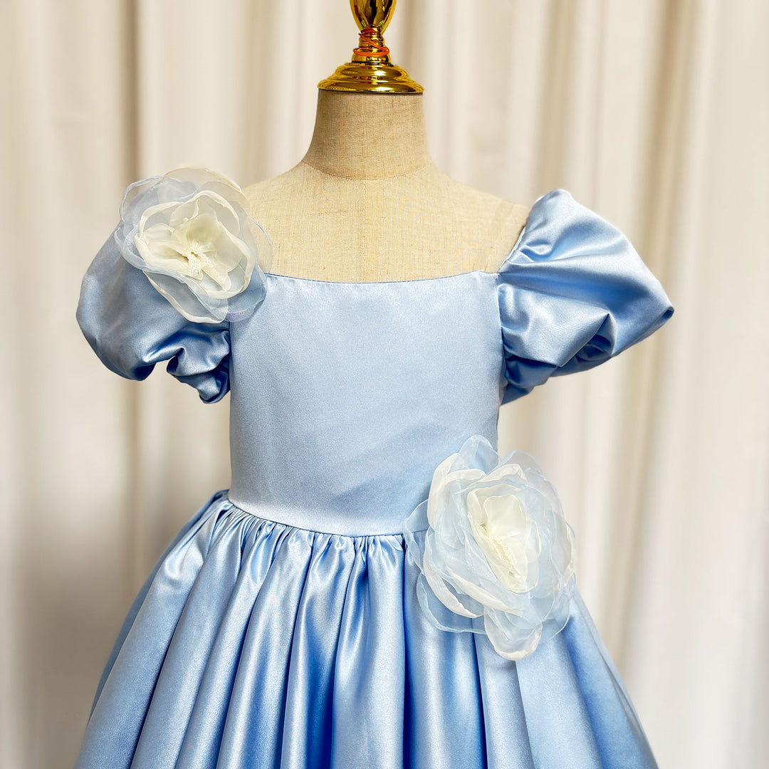 DreamyVow Elegant Blue Satin Girl Dress Handmade Flowers J344