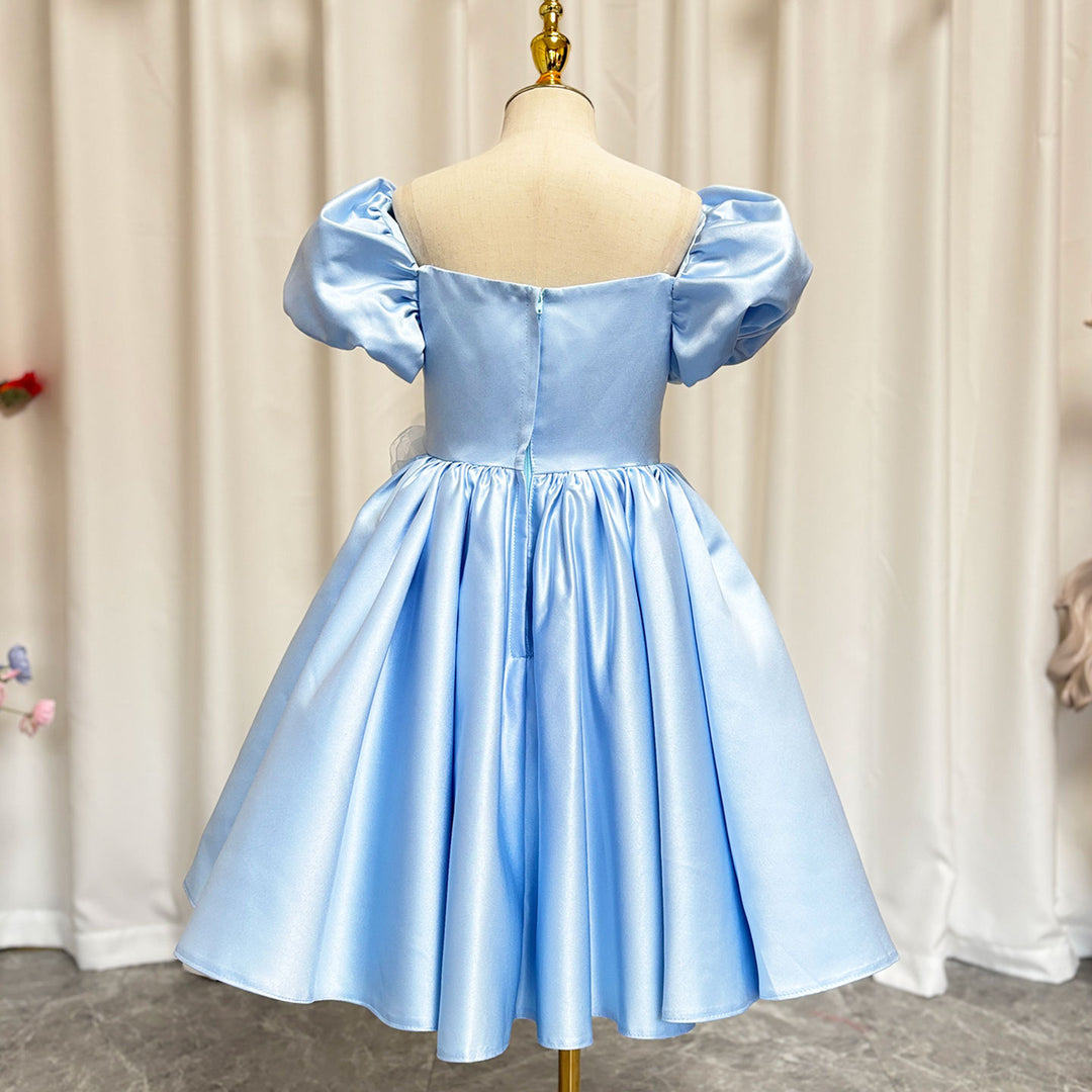 DreamyVow Elegant Blue Satin Girl Dress Handmade Flowers J344