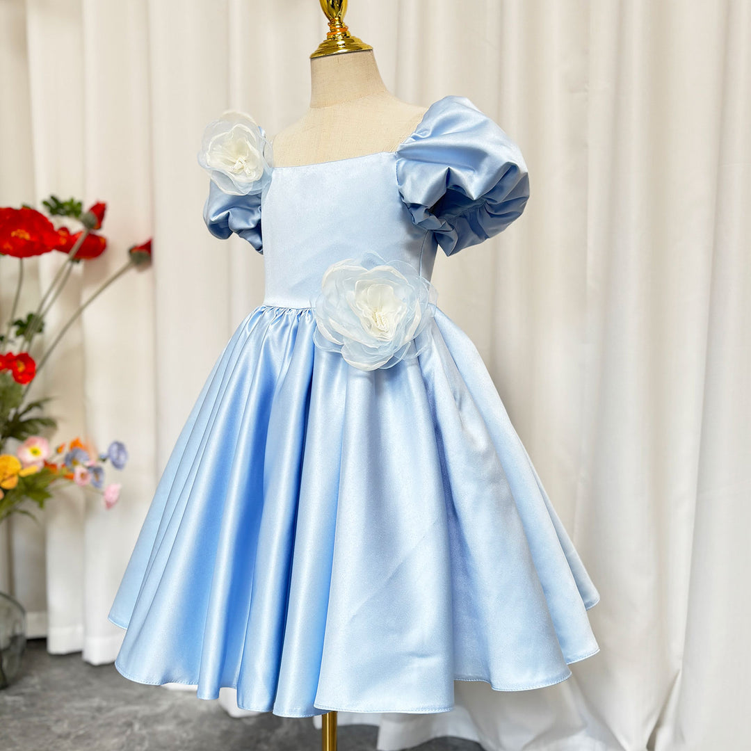 DreamyVow Elegant Blue Satin Girl Dress Handmade Flowers J344