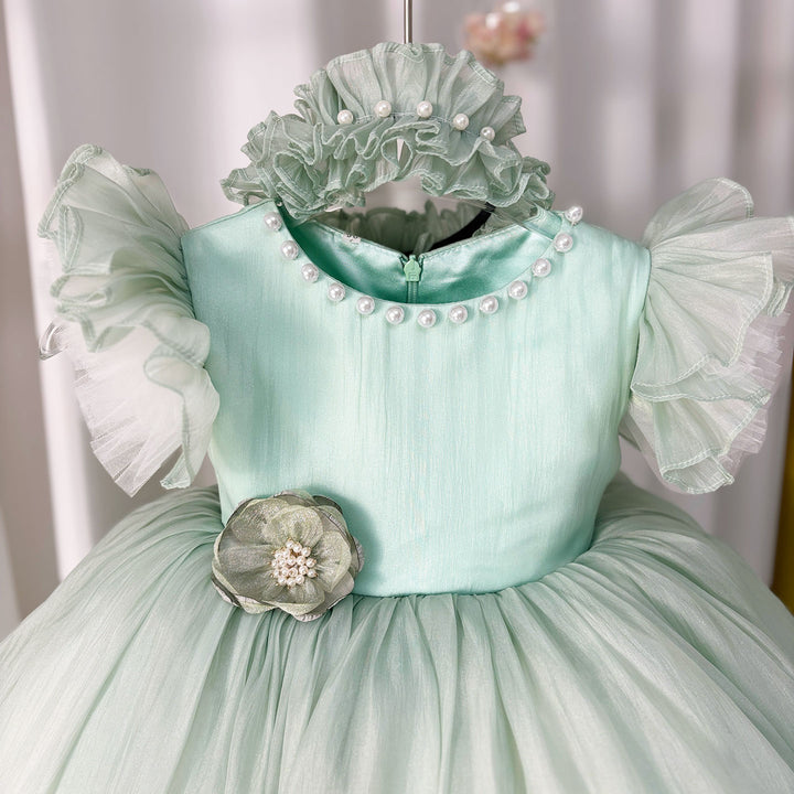 DreamyVow Blue/Green Baby Puffy Sleeve Adorable Girl Dress with Flowers J035