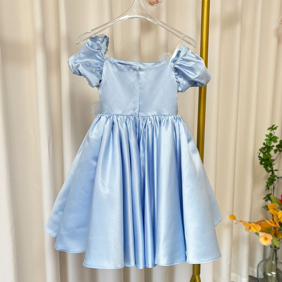 DreamyVow Elegant Blue Satin Girl Dress Handmade Flowers J344