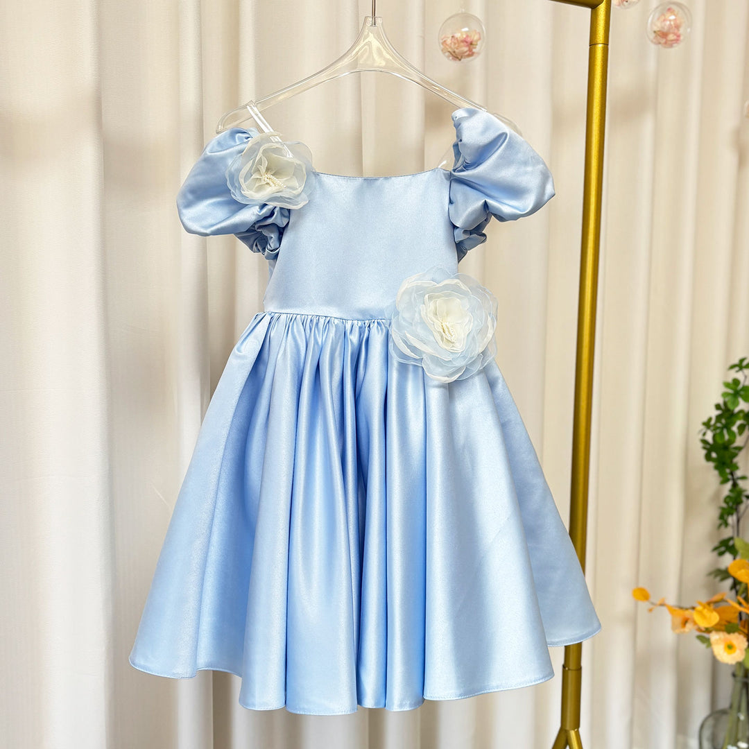 DreamyVow Elegant Blue Satin Girl Dress Handmade Flowers J344