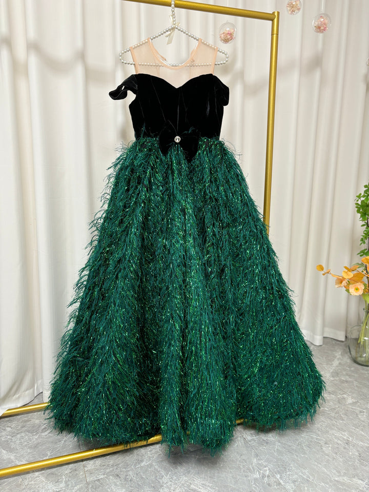 DreamyVow Luxury Green Flower Girl Dresses Dubai Feathers Ball Gown for Princess J007