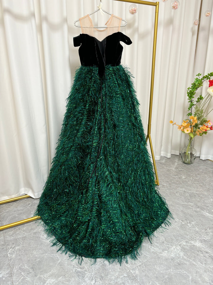 DreamyVow Luxury Green Flower Girl Dresses Dubai Feathers Ball Gown for Princess J007