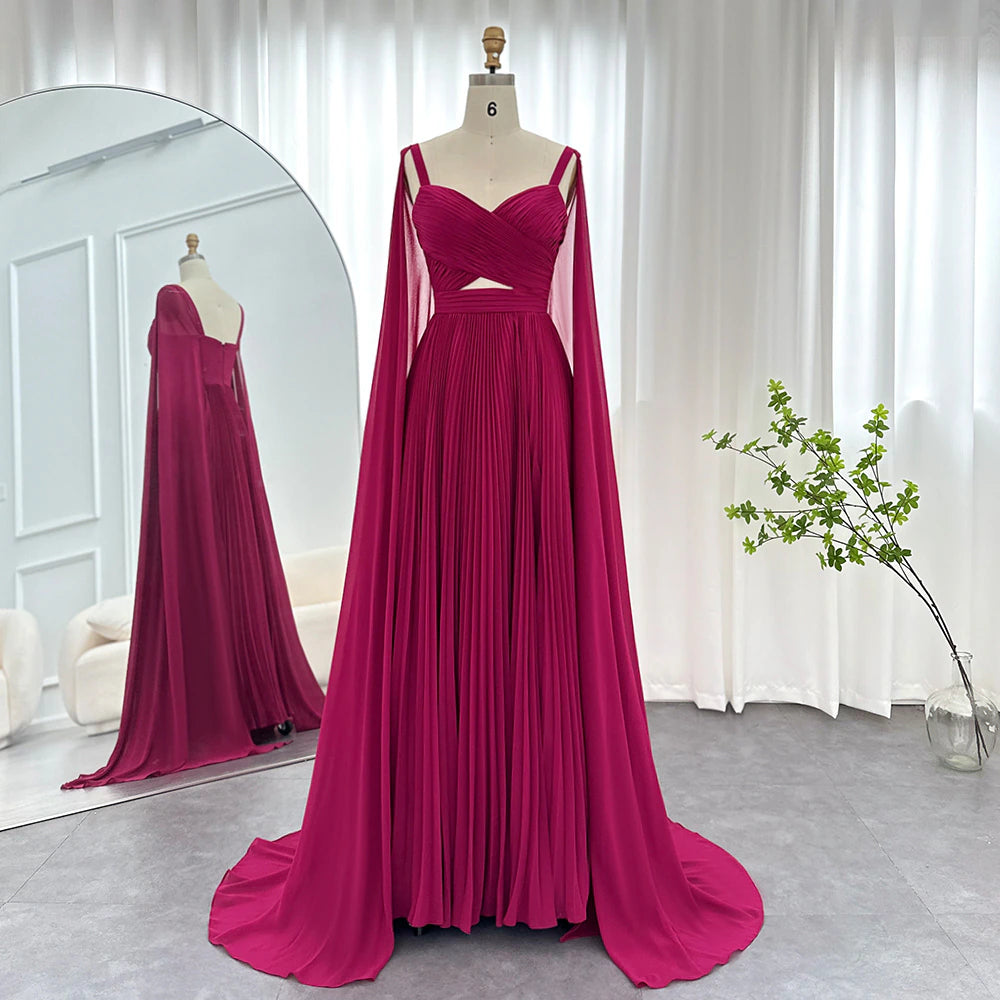 DreamyVow Fuchsia Chiffon Dubai Evening Dresses with Cape Sleeves Elegant Yellow Women Wedding Party Formal Gowns F 090