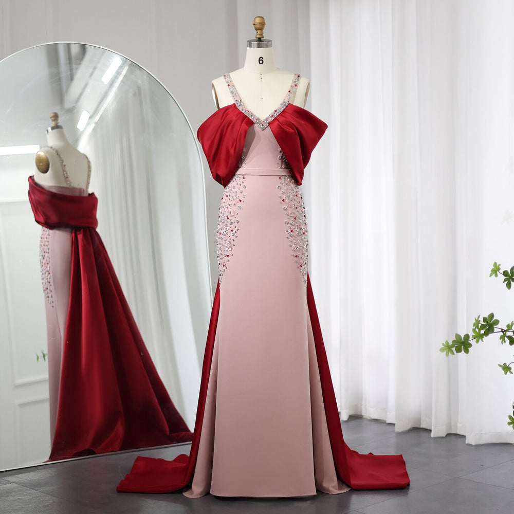 Dreamy Vow Luxury Arabic Pink Burgundy Mermaid Evening Dress with Cape Dubai Engagement Dress for Women Wedding Party 446