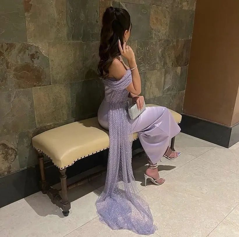 Dreamy Vow Elegant Off Shoulder Lilac Arabic Evening Dress with Overskirt Beaded Dubai Women Wedding Guest Party Gowns SS340