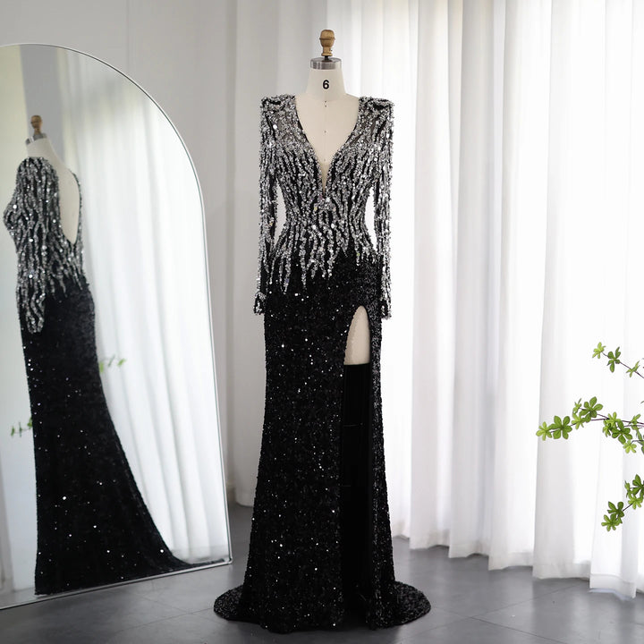 Dreamy Vow Luxury Black Mermaid Dubai Evening Dresses 2023 Elegant V-Neck Long Sleeves Arabic Women Formal Party Gowns SS250