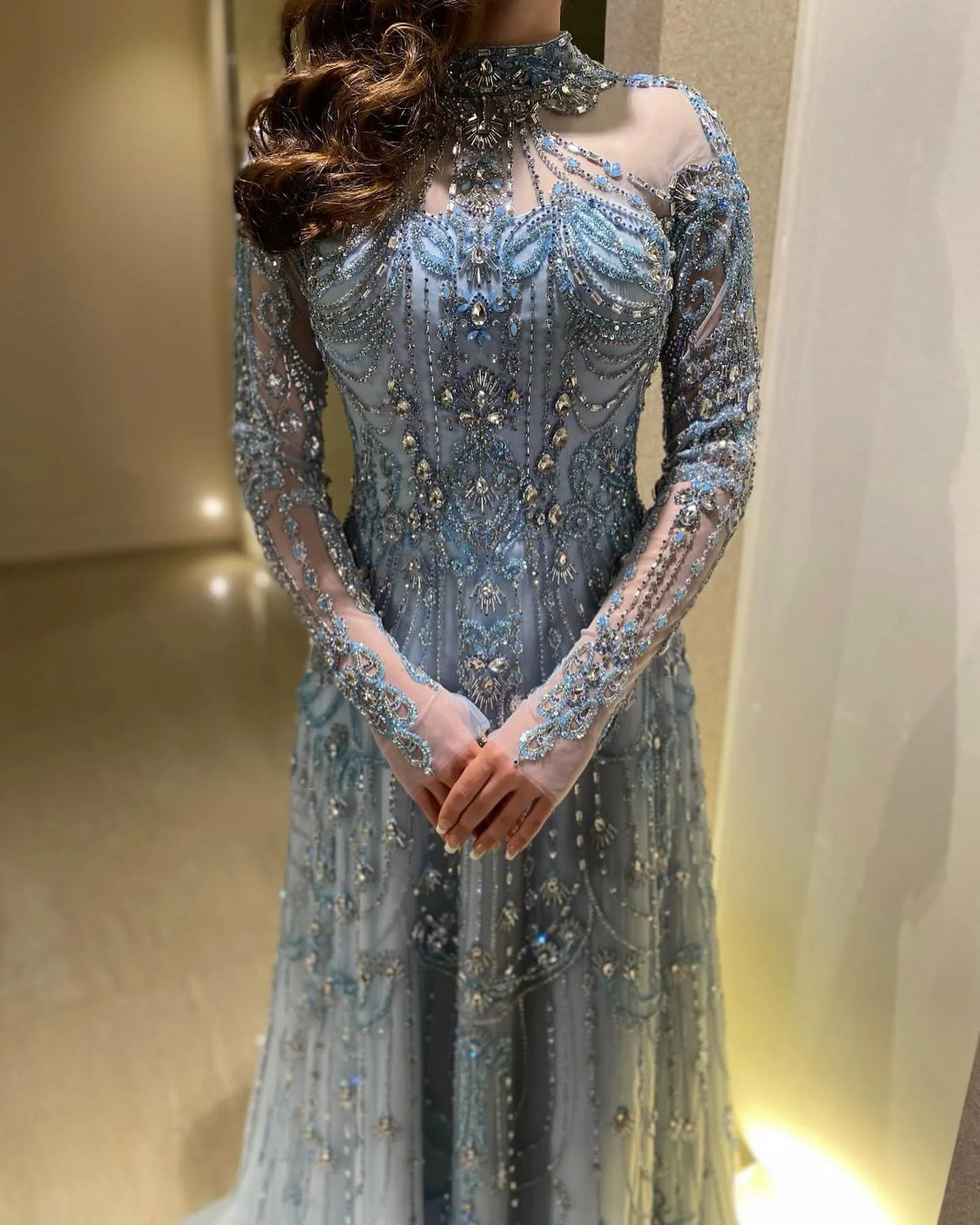 Dreamy Vow Luxury Blue Long Sleeves High Neck Evening Dress SS587