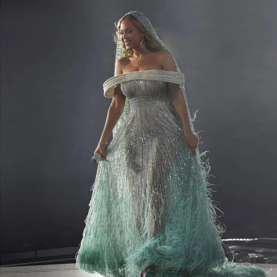 Dreamy Vow Luxury Feathers Aqua Green Evening Dresses Elegant Off Shoulder Beyonce Celebrity Prom Party Dress for Wedding SS435