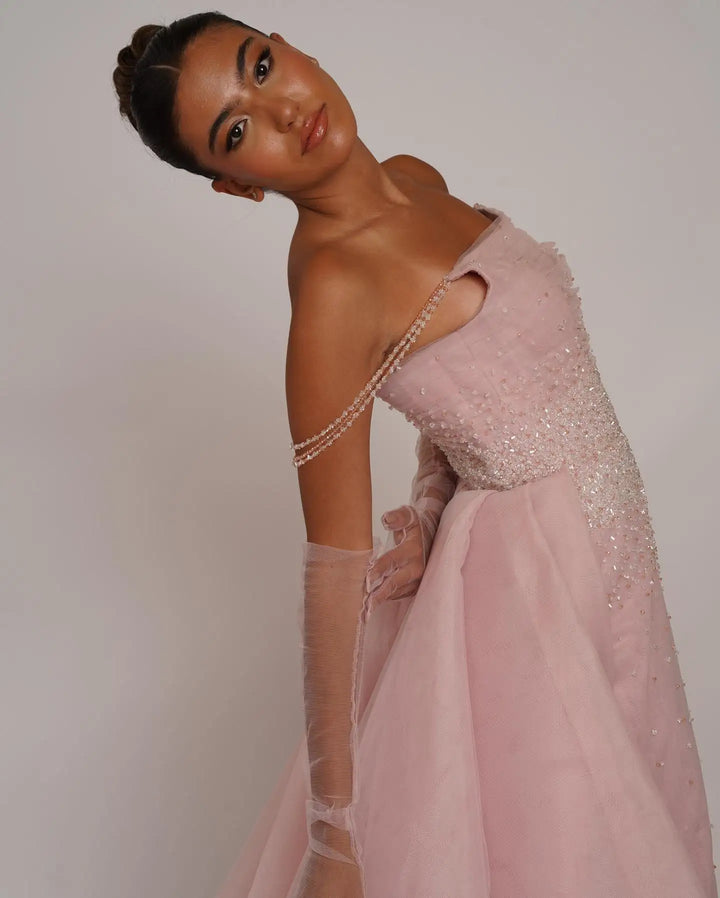 Dreamy Vow Luxury Dubai Beaded Pink Evening Dress with Overskirt Gloves Elegant Women Arabic Wedding Formal Party Gown SS429