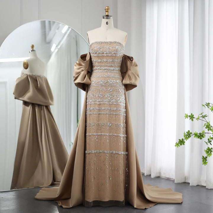 Dreamy Vow Luxury Dubai Sage Green Evening Dresses with Cape Arabic Blue Beaded Elegant Women Wedding Party Gowns SS238