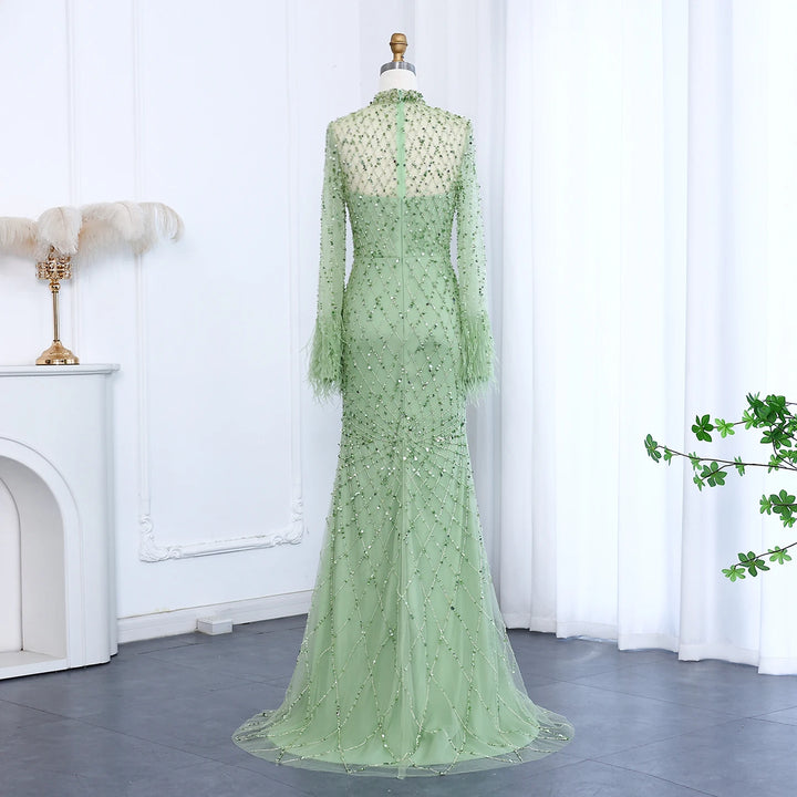 Luxury Beaded Feathers Sage Green Evening Dress Long Sleeves SS144