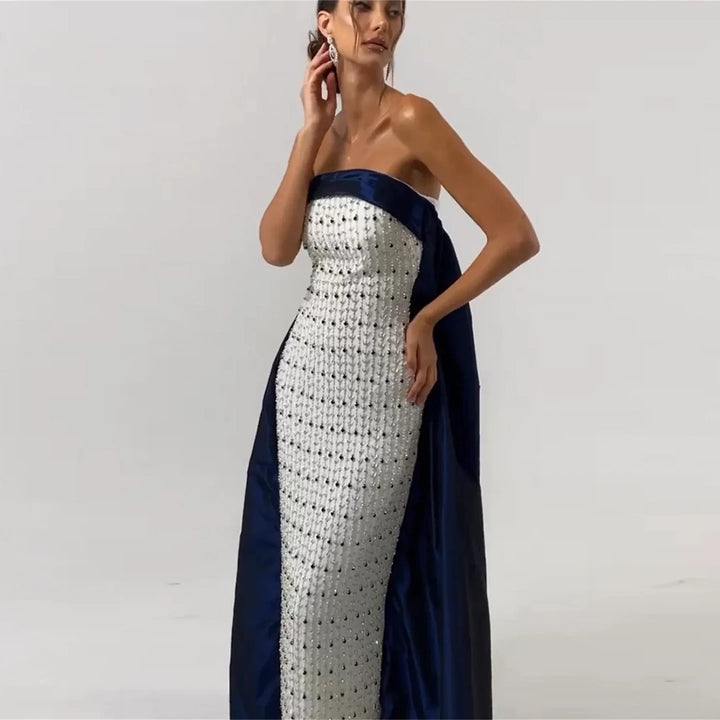 Dreamy Vow Navy Blue White Strapless Luxury Dubai Evening Dresses with Cape Midi Arabic Women Wedding Party Gowns 2024 SS422