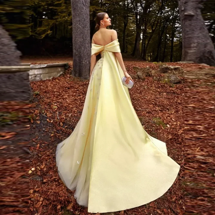 Dreamy Vow Arabic Yellow Satin Luxury Dubai Evening Dress with Cape 2024 Elegant Off Shoulder Women Wedding Party Gowns SS455