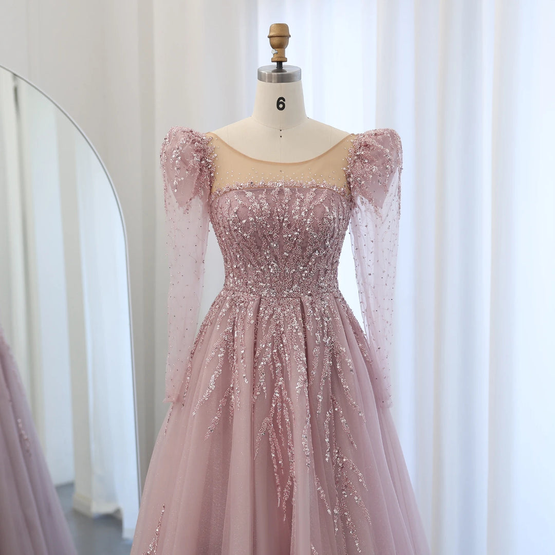 Dreamy Vow Dusty Pink Long Sleeves Dubai Luxury Evening Dresses for Women Wedding Party Arabic Muslim Formal Prom Gowns SS453