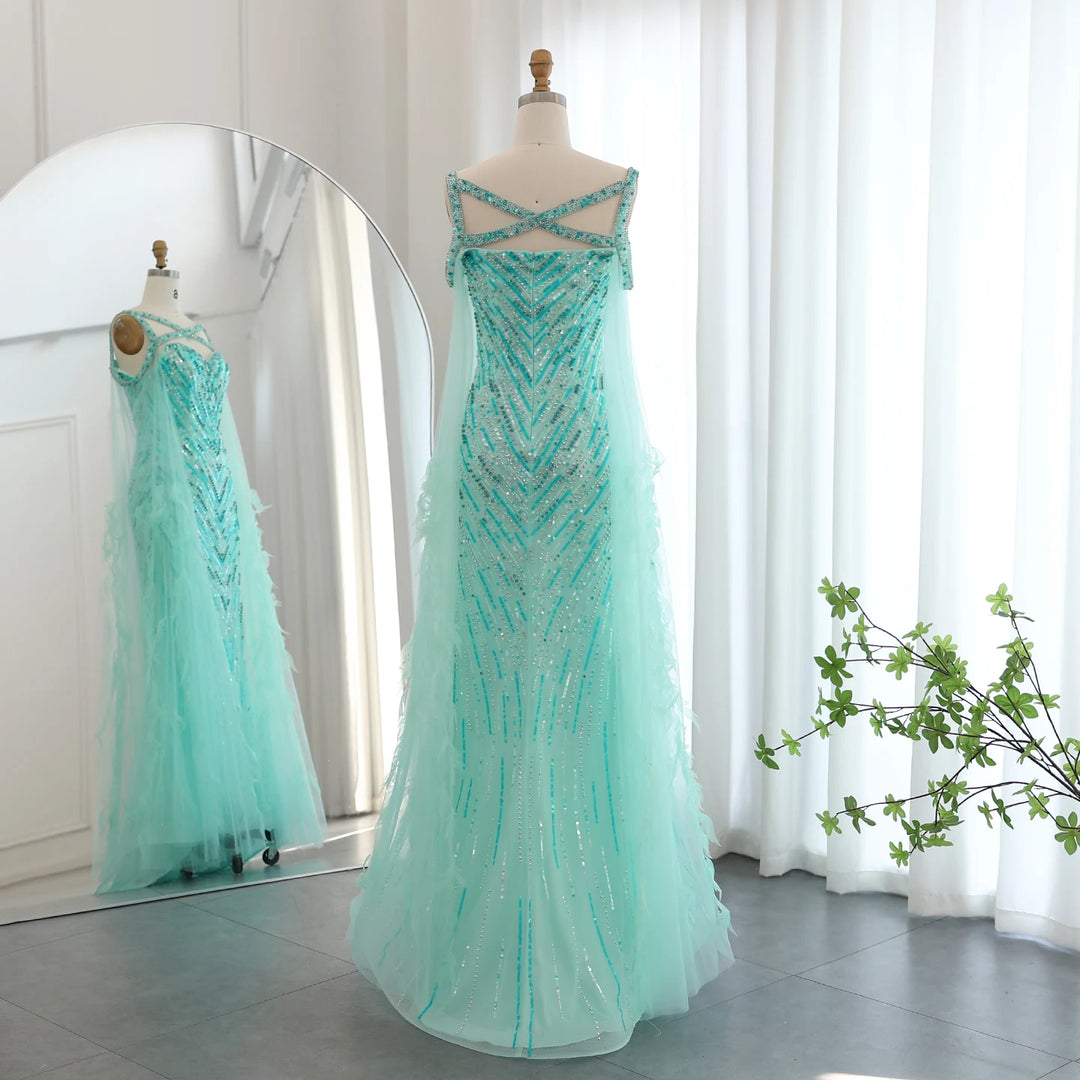 Dreamy Vow Arabic Fuchsia Mermaid Dubai Evening Dresses with Cape Sleeves Luxury xTurquoise Women Wedding Party Dress SS468