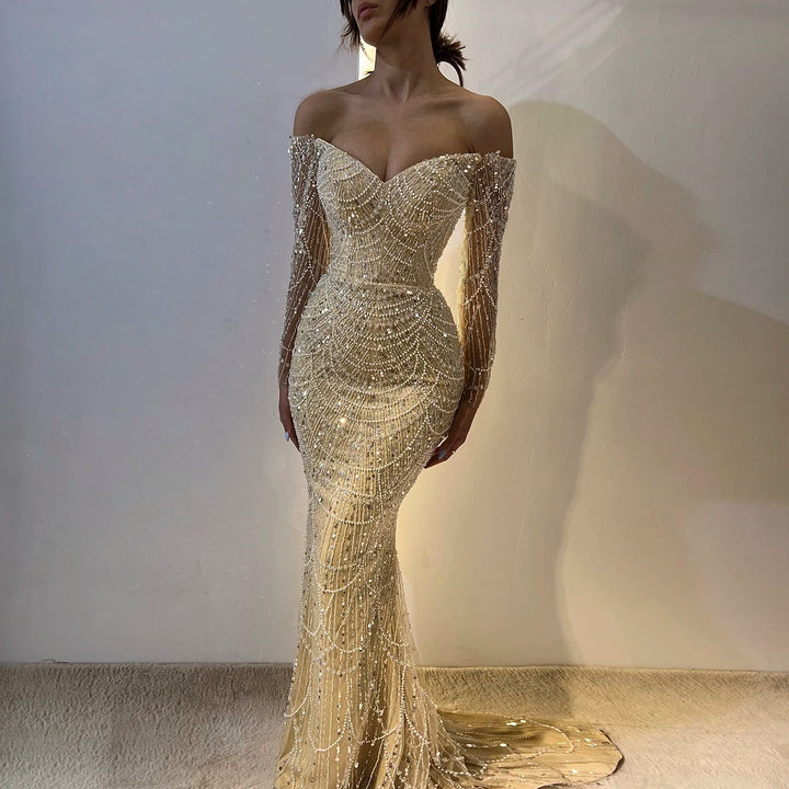 Dreamy Vow Elegant Off the Shoulder Mermaid Luxury Dubai Evening Dress 2024 for Women Wedding Party Gowns Long Sleeves SS309