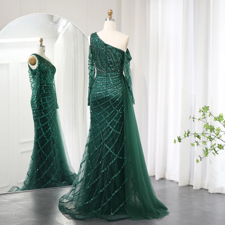 Dreamy Vow Emerald Green One Shoulder Mermaid Evening Dress with Overskirt Long Sleeves Luxury Dubai Wedding Party Gowns SS413