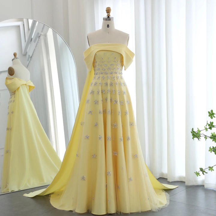 Dreamy Vow Arabic Yellow Satin Luxury Dubai Evening Dress with Cape 2024 Elegant Off Shoulder Women Wedding Party Gowns SS455