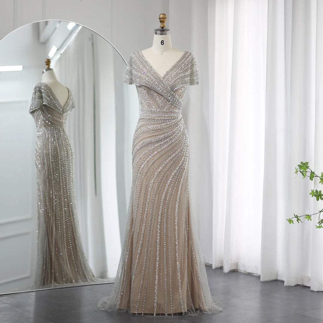 Dreamy Vow Luxury Dubai Silver Nude Mermaid Evening Dresses for Women Wedding Elegant Cap Sleeves Arab Formal Party Gowns SS045