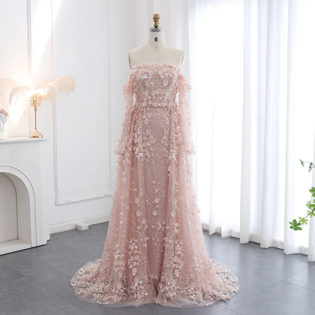 Dreamy Vow Elegant 3D Flowers Pink Luxury Dubai Evening Dress with Overskirt Lilac Long Sleeves Women Wedding Party Gown SS352