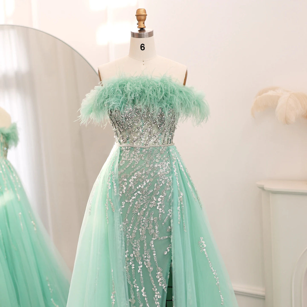 Dreamy Vow Luxury Dubai Feathers Lilac Evening Dress with Overskirt Side Slit Arabic Blue Green Women Wedding Party Gowns SS252