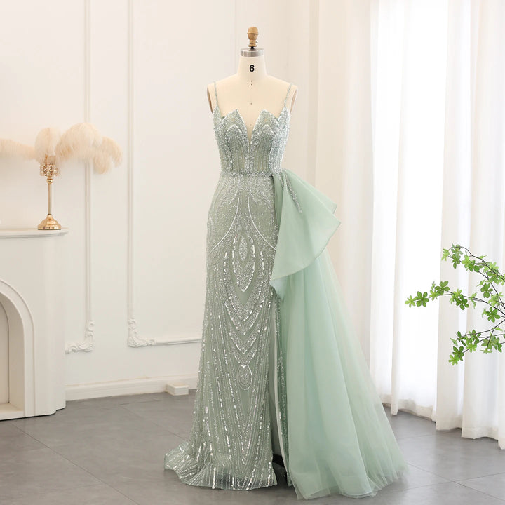 Dreamy Vow Spaghetti Straps Sage Green Mermaid Evening Dress with Overskirt Side Slit Blue Dubai Women Wedding Party Gown SS216