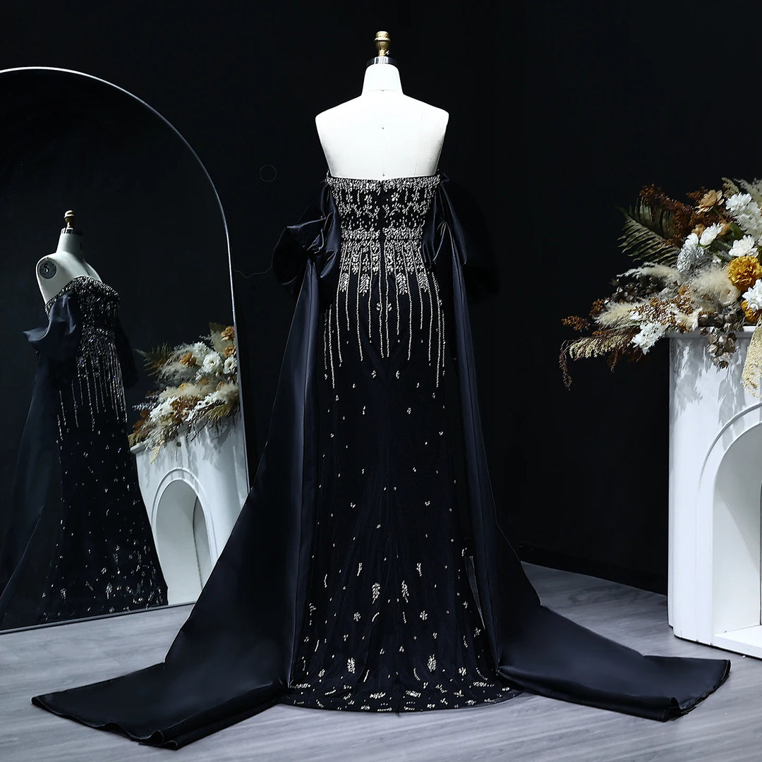 Luxury Beaded Tassel Black Evening Dress with Straps Cape SS294